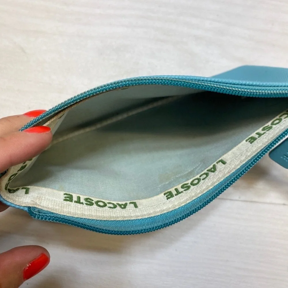 Lacoste Turquoise Blue Textured PVC Wristlet Pouch Zip Clutch‎ Bag